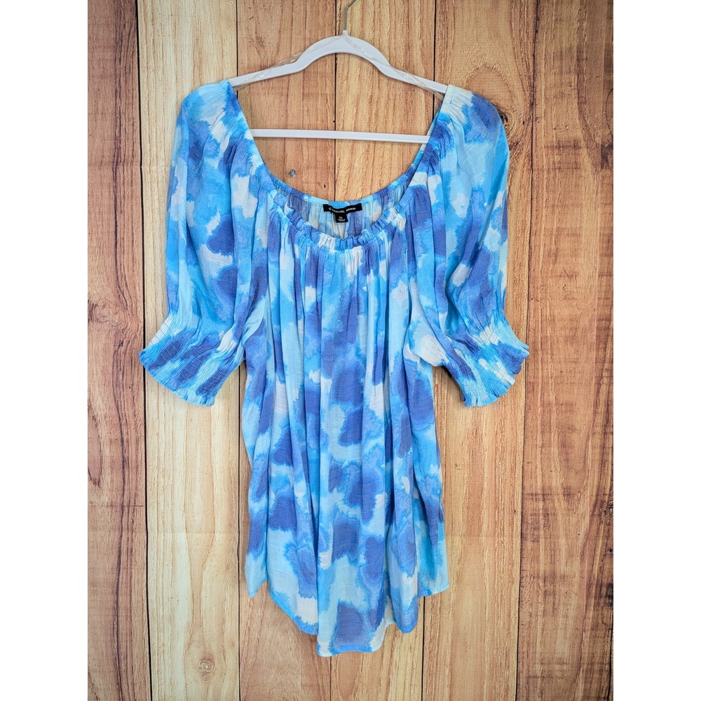 Zac & Rachel Woman Blue Tie Dye Peasant Blouse Top Plus Size 2X